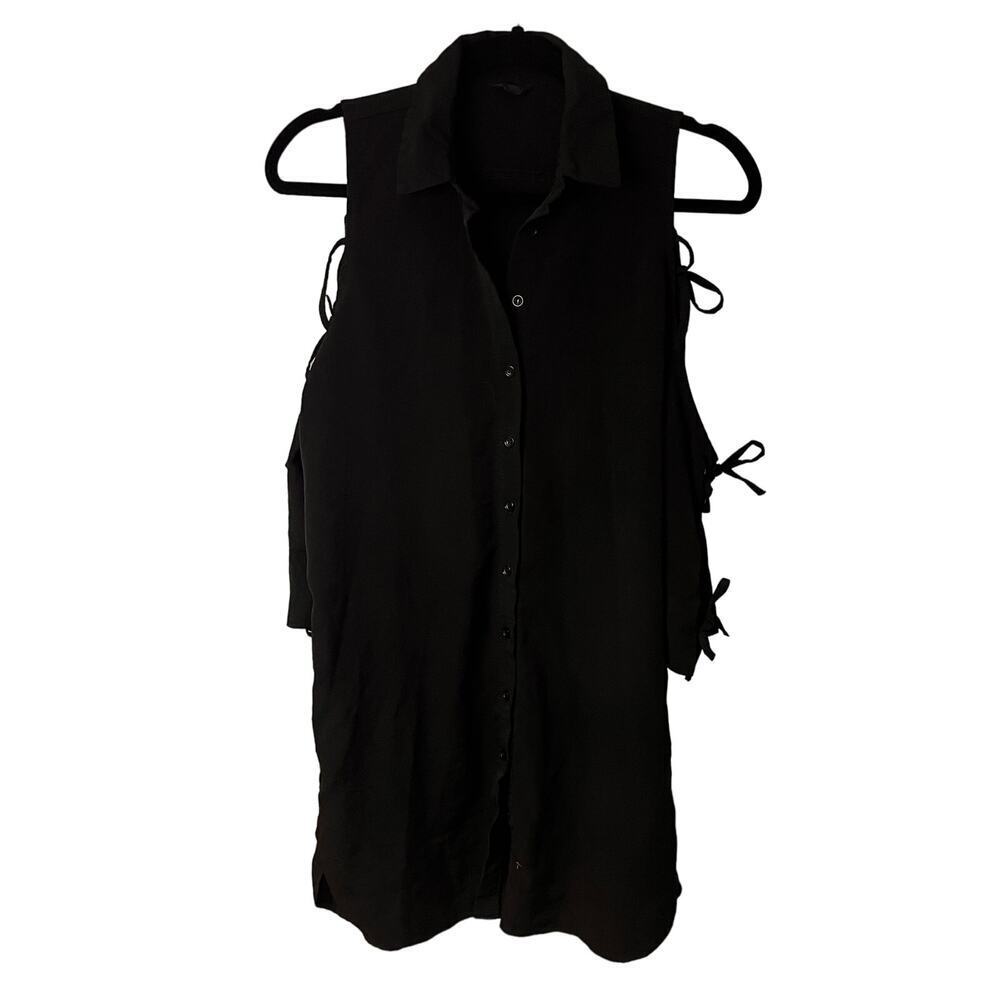 Topshop Black Long Sleeves Cold Shoulder Bow Button Front Shirt Dress Size 4
